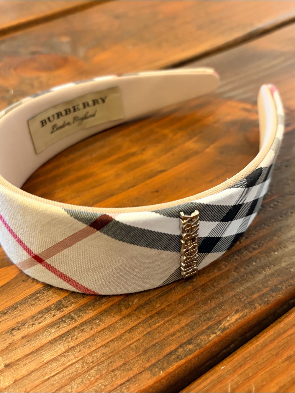 Cream Check Headband with Gold Logo Accent